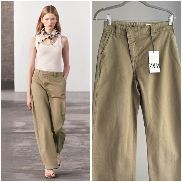 NWT ZARA WRAP CHINO PANTS ZW COLLECTION KHAKI GREEN XS - Picture 1 of 15